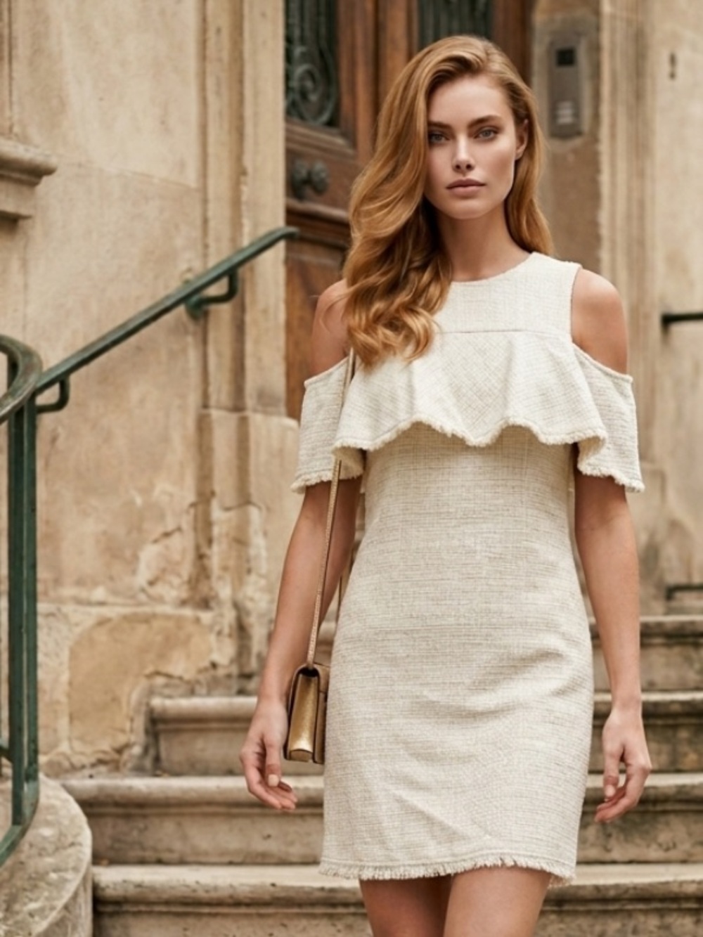 HD IN PARIS Anthropologie Dress Tweed Fringe Overlay White Ivory Cold Shoulder